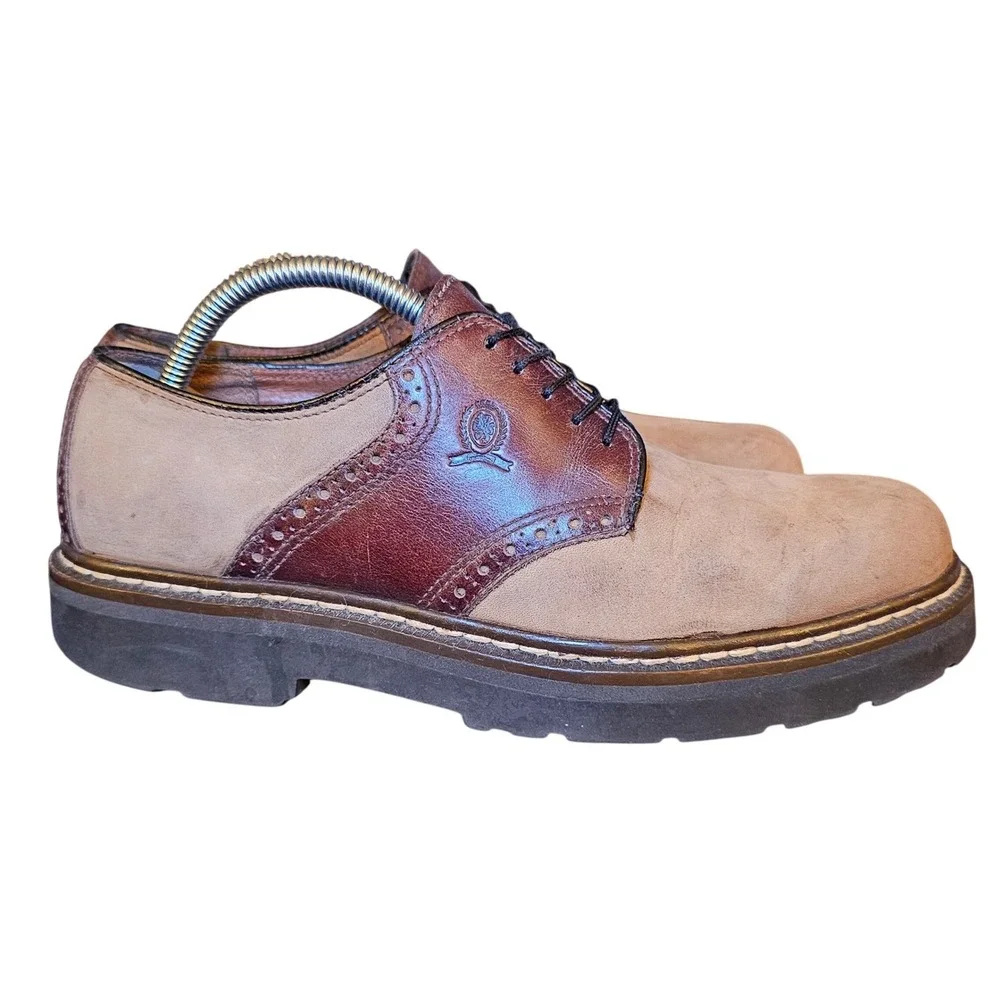 90s Vintage Tommy Hilfiger Men Saddle Shoe Tan Leather Suede Lace Up Size‎ 7.5 M